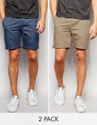 Asos Slim Chino Shorts Mid Length In Stone/vindigo 2 Pack Save 17%