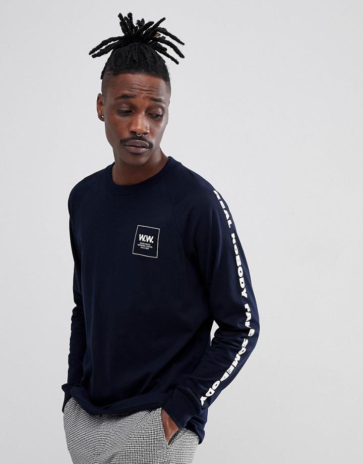 Wood Wood Han Long Sleeve T-shirt With Box Logo In Navy - Black