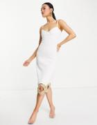 Starry Eyed Premium Embellished Cami Strap Cut Out Hem Midi Dress In Ecru-white