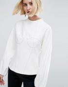 Asos White Long Sleeve Bodice Top With Stich Detail - White