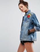 The Ragged Priest Oversized Denim Jacket With Flame Rose Patches - Blue