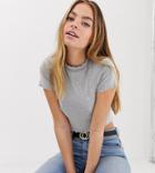 Asos Design Petite Slim Crop T-shirt With High Neck With Lettuce Hem In Gray-white