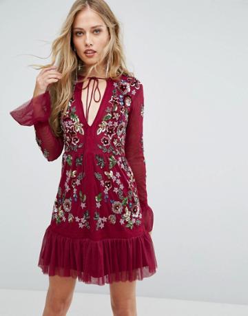 Frock And Frill Embroided Skater Dress With Frill Details - Black