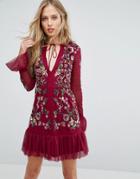 Frock And Frill Embroided Skater Dress With Frill Details - Black