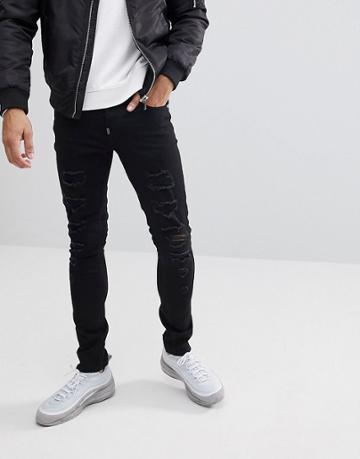 Ascend Denim Super Skinny Muscle Fit Jeans In Extreme Rips - Black