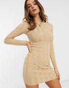 Missguided Ribbed Mini Dress With Button Shoulder Detail In Stone-neutral