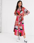 Monki Abstract Print Midi Belted Shirt Dress In Pink