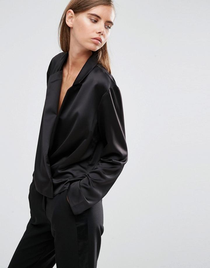 Asos Wrap Blouse With Collar In Satin - Black