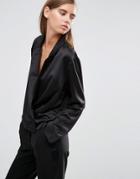 Asos Wrap Blouse With Collar In Satin - Black