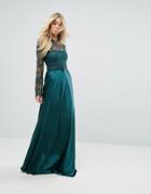 Bodyfrock Lace Long Sleeve Maxi Dress With Satin Skirt - Green