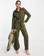 Trendyol Wide Leg Jumpsuit With Long Sleeves In Khaki Abstract Print-green