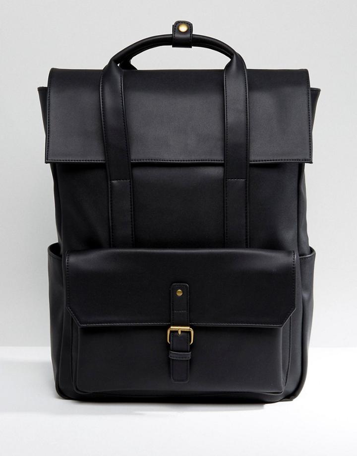 Asos Backpack In Black Faux Leather With Fold Over Top - Black