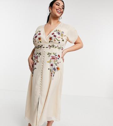 Hope & Ivy Plus Plunge Floral Embroidered Midi Tea Dress In Ivory-white