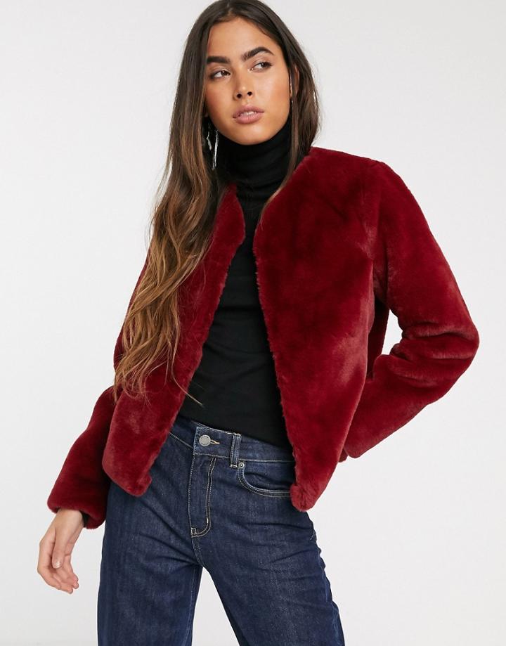 Stradivarius Faux Fur Jacket In Burgundy-red