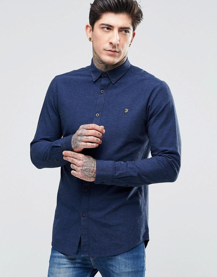 Farah Oxford Shirt With Black Weft In Slim Fit Blue - Blue