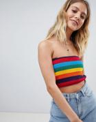 Daisy Street Bandeau Top In Rainbow Stripe Rib Knit - Multi