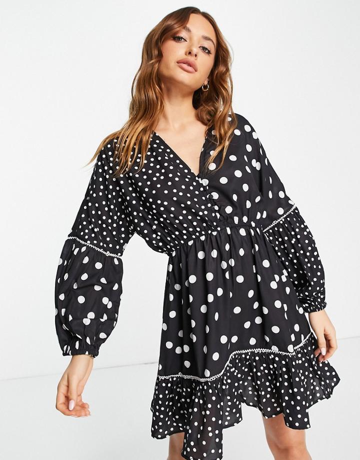 River Island Polka Dot Ruffle Hem Mini Dress In Black