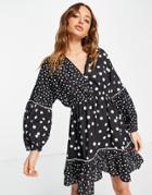 River Island Polka Dot Ruffle Hem Mini Dress In Black