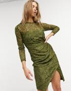 Little Mistress Lace Wrap Front Midi Dress In Olive-green