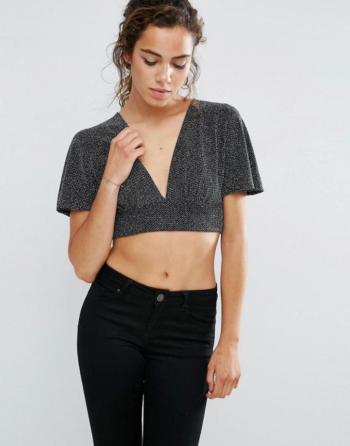 Love Metallic Stripe Crop Top With Kimono Sleeves - Silver