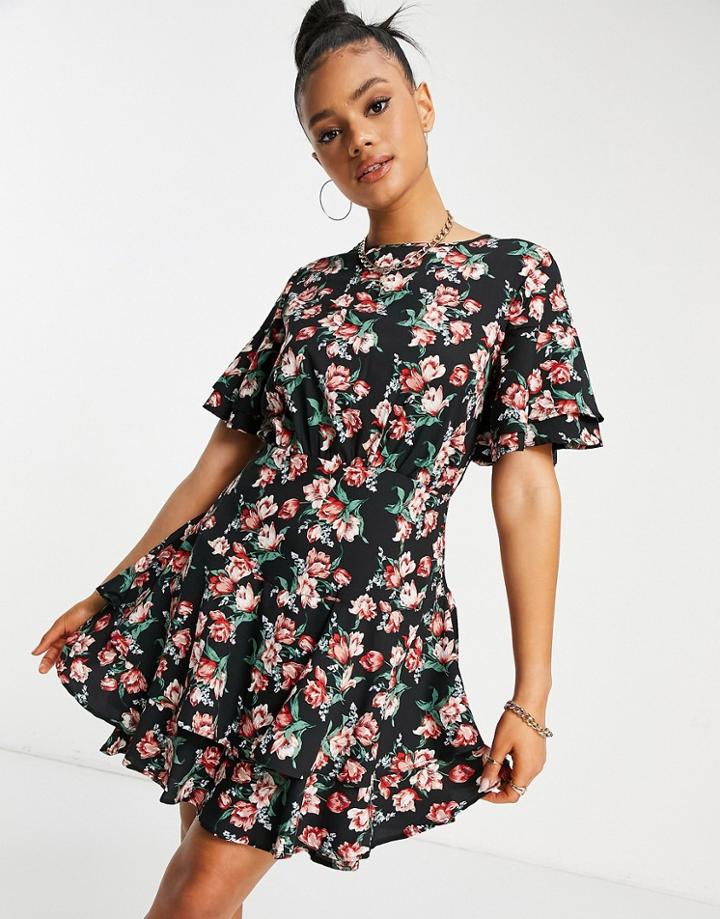 Ax Paris Tiered Ruffle Mini Dress In Floral-multi