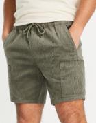 Asos Design Cord Slim Shorts With Cargo Pockets In Khaki-green
