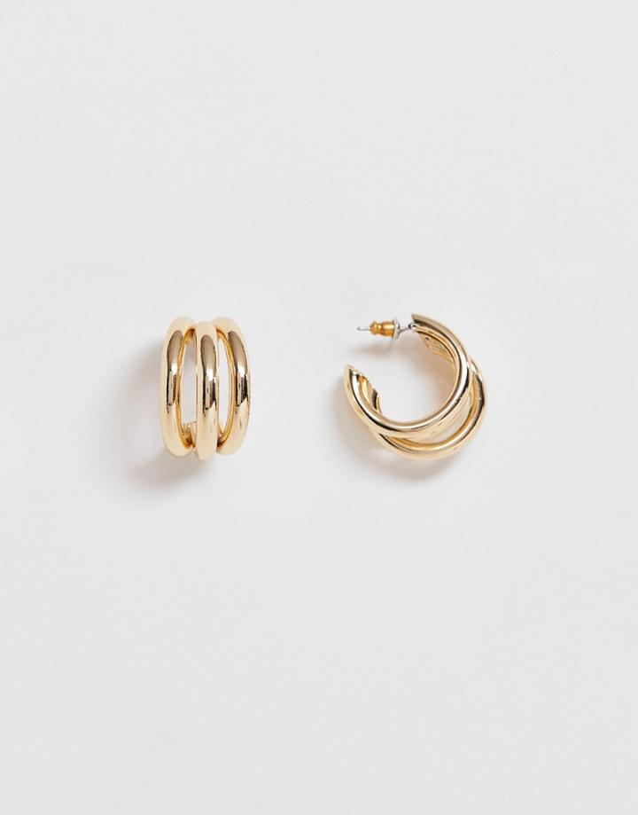 Asos Design Hoop Earrings In Triple Row Design In Gold Tone - Gold