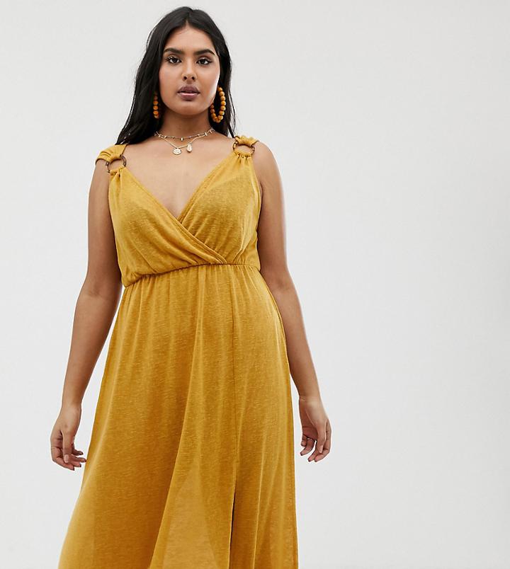 Asos Design Curve Wrap Maxi Dress With Faux Tortoiseshell Ring Detail-yellow
