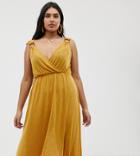 Asos Design Curve Wrap Maxi Dress With Faux Tortoiseshell Ring Detail-yellow
