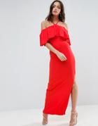Asos Ruffle Bandeau With Neck Strap Maxi Dress - Red