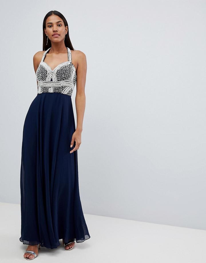 Asos Design Pearl Basque Embellished Crop Top Maxi Dress - Navy