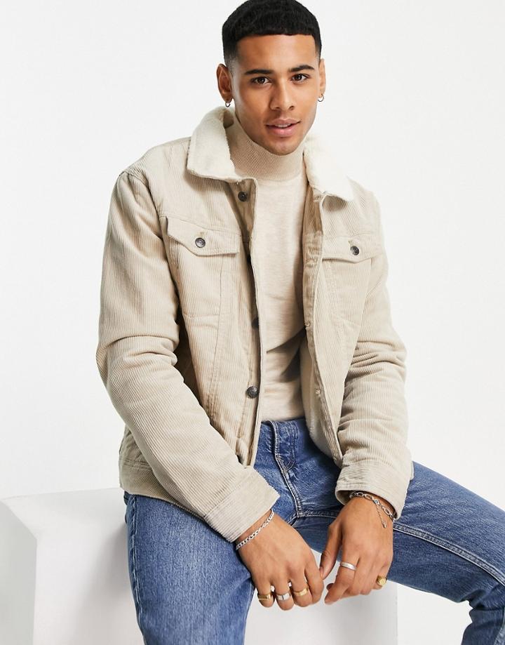 Threadbare Cord Jacket With Sherpa Lining And Collar In Stone-neutral