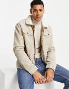 Threadbare Cord Jacket With Sherpa Lining And Collar In Stone-neutral