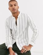 Bershka Grandad Shirt With Vertical Stripe In Ecru - Cream