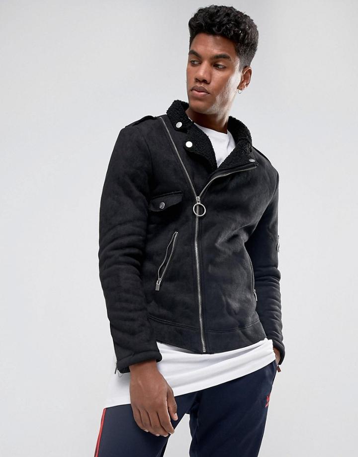 Sixth June Faux Shearling Biker Jacket In Black - Black
