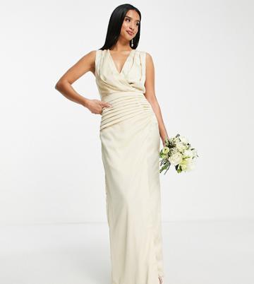 Liquorish Petite Bridesmaid Satin Wrap Front Maxi Dress In Lemon-yellow