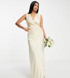 Liquorish Petite Bridesmaid Satin Wrap Front Maxi Dress In Lemon-yellow