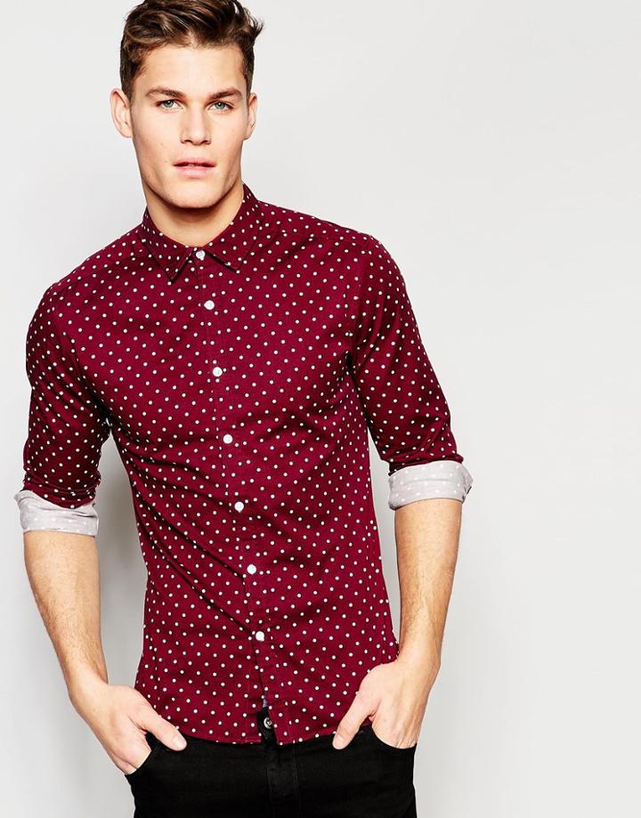 Asos Skinny Polka Dot Shirt In Burgundy With Long Sleeves - Burgundy