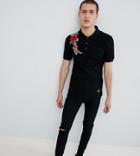 Sixth June Muscle Polo Shirt With Rose Embroidery Exclusive To Asos - Black
