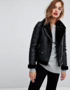 Warehouse Faux Leather Bonded Biker Jacket - Black