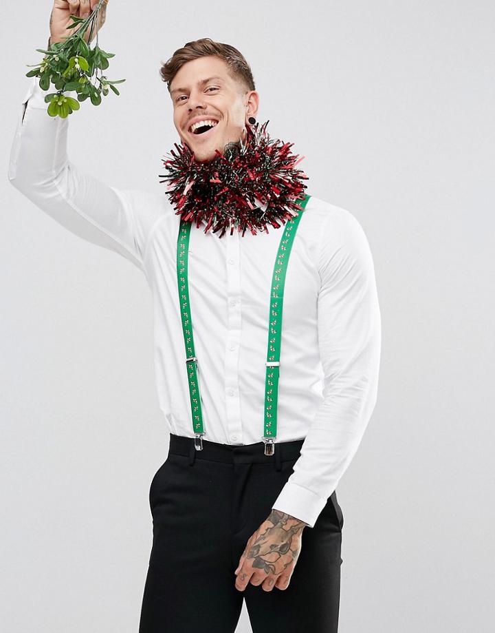 Asos Holidays Suspenders With Candy Cane Print In Green - Green