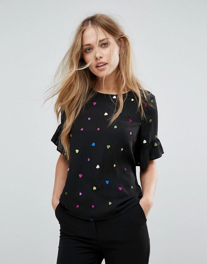 Warehouse Embroidered Heart Print Top - Multi