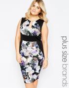 Praslin Plus Pencil Illusion Dress With Floral Panels And Cut Out Neckline