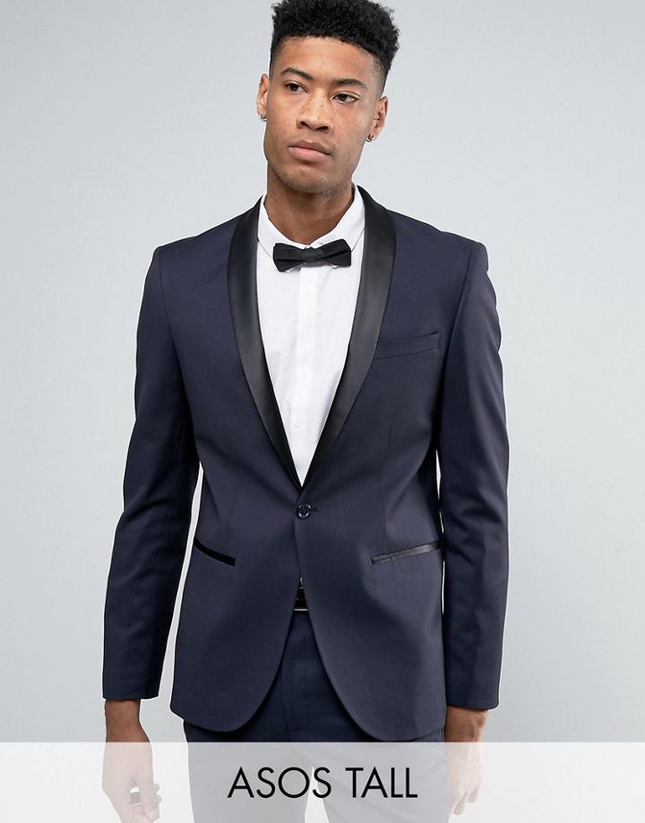 Asos Tall Slim Tuxedo Jacket In Navy - Navy