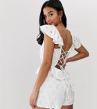 Asos Design Petite Broderie Frill Sleeve Tie Front Peplum Romper - White