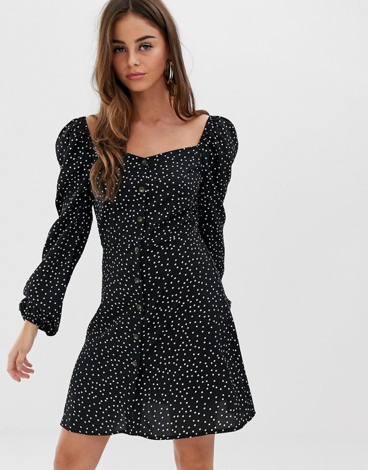 Prettylittlething Button Through Mini Dress With Sweetheart Neckline In Black Polka Dot - Multi