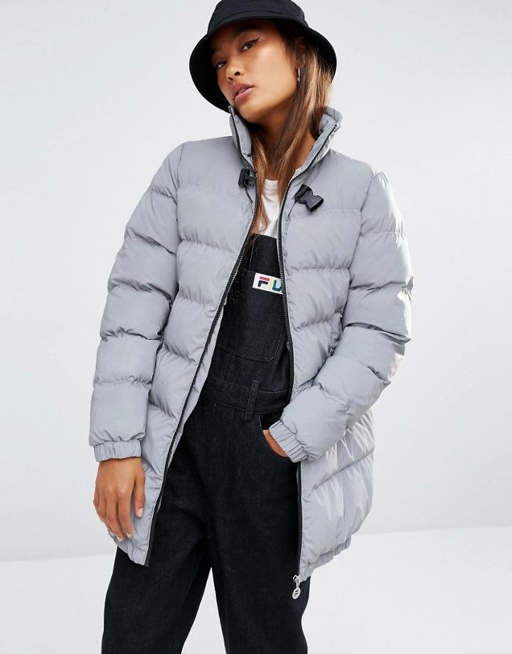 Fila Longline Padded Coat In Reflective Fabric - Silver