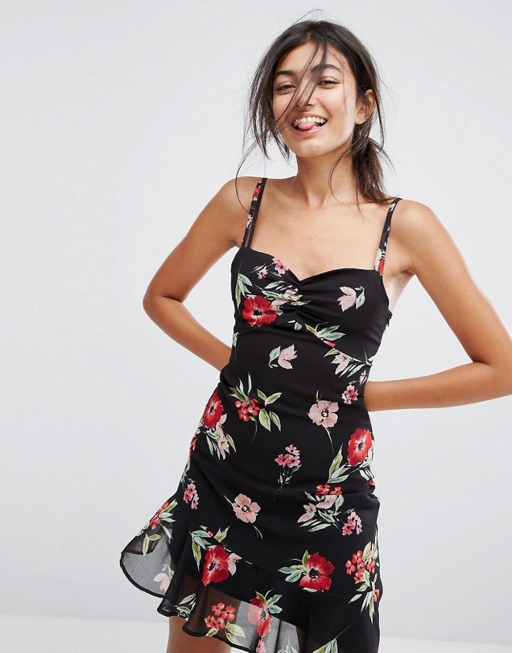 Bershka Floral Printed Cami Dress - Black