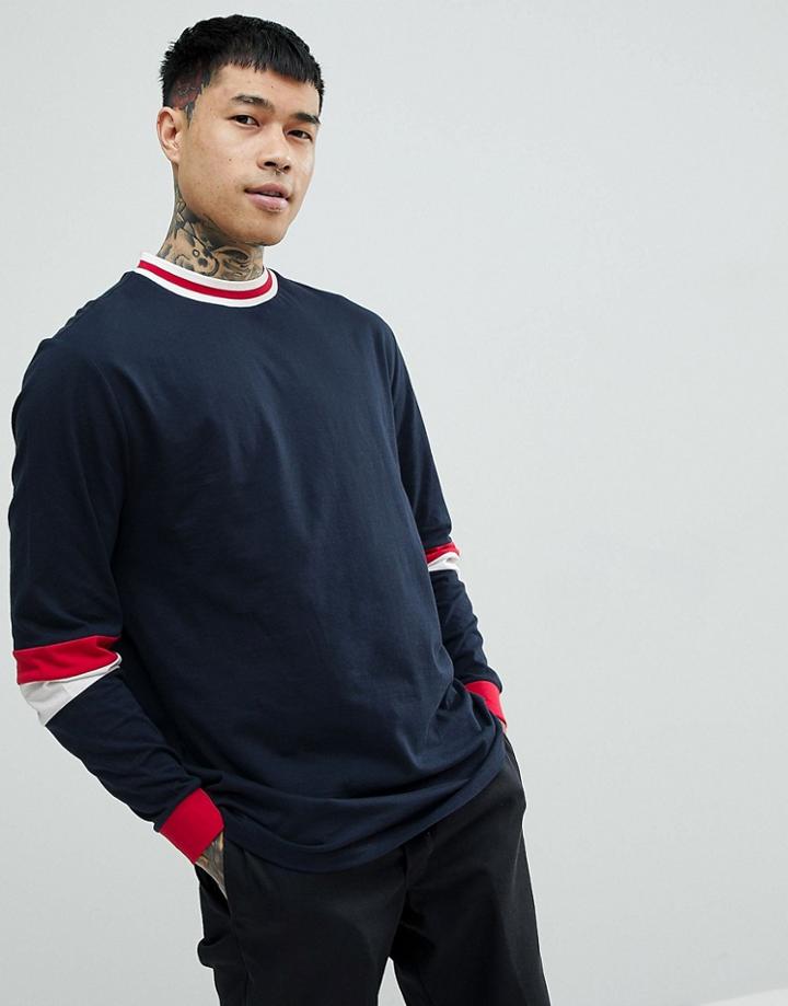 Asos Design Relaxed Longline Long Sleeve T-shirt With Tipping In Retro Color Block In Navy - Navy