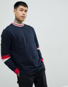 Asos Design Relaxed Longline Long Sleeve T-shirt With Tipping In Retro Color Block In Navy - Navy